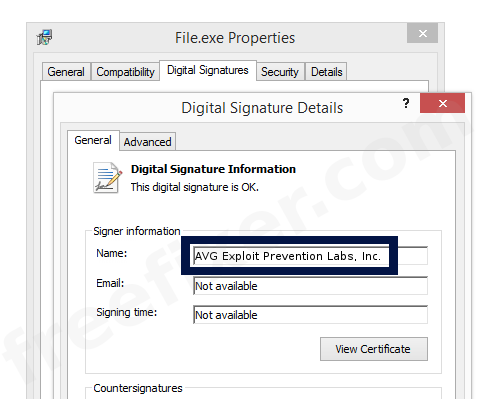 Screenshot of the AVG Exploit Prevention Labs, Inc. certificate